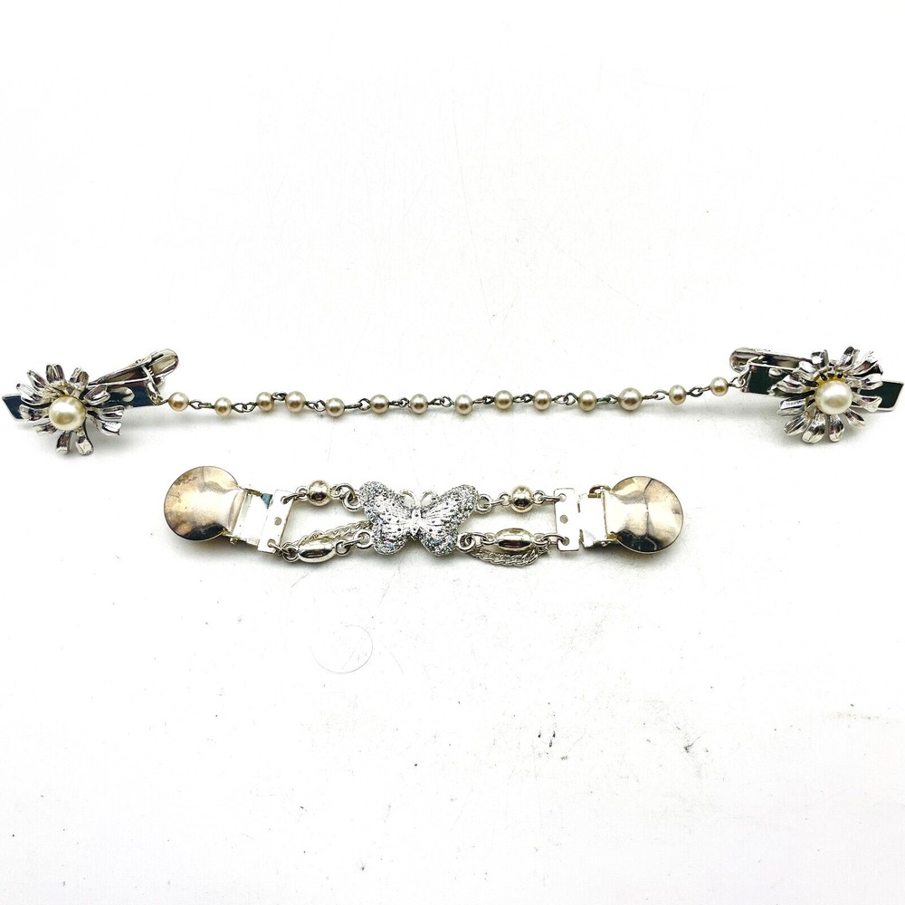 Vintage Sweater Chain Clips Lot of 2 Silver Tone Rhinestones Faux Pearl Flowers